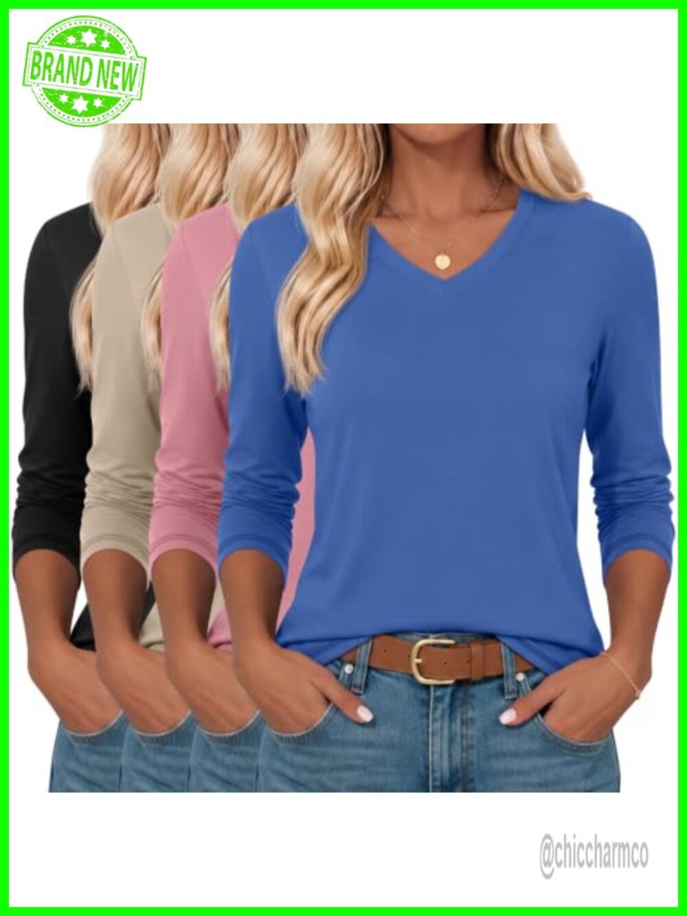 4 Pack Women's 3/4 Sleeve V-Neck Tunic Tops Loose Fit Cotton Blend